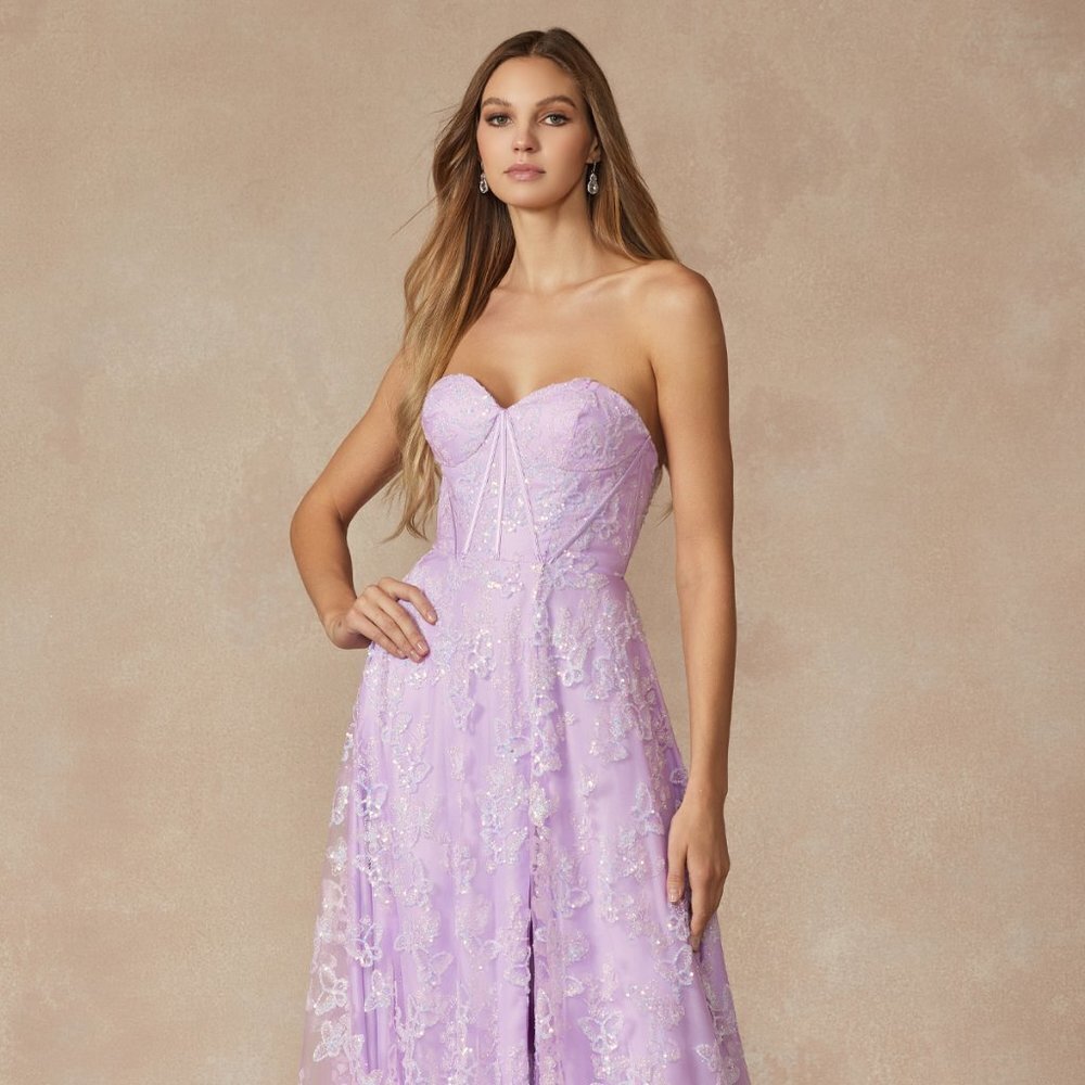 N/A NEW LONG OFF THE SHOULDER STRAPLESS A-LINE DRESS EMBROIDERED WITH LACE 2403